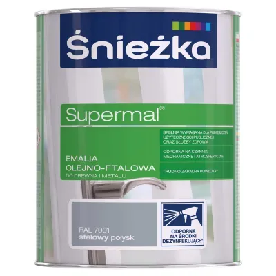 SUPERMAL® Emalia olejno-ftalowa stosowana jest do dekoracyjno-ochronnego malowania drewna, materiałów drewnopochodnych, tynków oraz elementów stalowych i żeliwnych użytkowanych wewnątrz i na zewnątrz pomieszczeń, takich jak: okna, drzwi, meble, ogrodzenia, lamperie itp. Polecana do stosowania w pomieszczeniach mieszkalnych, przeznaczonych na stały pobyt chorych w budynkach służby zdrowia oraz przeznaczonych na stały pobyt dzieci i młodzieży w budynkach oświaty, a także w pomieszczeniach przeznaczonych do przechowywania produktów żywnościowych (bez bezpośredniego kontaktu z żywnością).
- Emalia odporna na środki dezynfekujące*.
- Spełnia wymagania pomieszczeń użyteczności publicznej i służby zdrowia.
- Odporna na czynniki mechaniczne i atmosferyczne.
- Trwałe i żywe kolory.
- Doskonała wydajność i krycie.
- Trudno zapalna powłoka - klasa palności D-s1, d0.

*badania przeprowadzono na wybranych próbkach dezynfektantów
