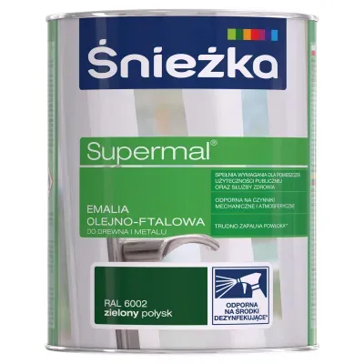 SUPERMAL® Emalia olejno-ftalowa stosowana jest do dekoracyjno-ochronnego malowania drewna, materiałów drewnopochodnych, tynków oraz elementów stalowych i żeliwnych użytkowanych wewnątrz i na zewnątrz pomieszczeń, takich jak: okna, drzwi, meble, ogrodzenia, lamperie itp. Polecana do stosowania w pomieszczeniach mieszkalnych, przeznaczonych na stały pobyt chorych w budynkach służby zdrowia oraz przeznaczonych na stały pobyt dzieci i młodzieży w budynkach oświaty, a także w pomieszczeniach przeznaczonych do przechowywania produktów żywnościowych (bez bezpośredniego kontaktu z żywnością).
- Emalia odporna na środki dezynfekujące*.
- Spełnia wymagania pomieszczeń użyteczności publicznej i służby zdrowia.
- Odporna na czynniki mechaniczne i atmosferyczne.
- Trwałe i żywe kolory.
- Doskonała wydajność i krycie.
- Trudno zapalna powłoka - klasa palności D-s1, d0.

*badania przeprowadzono na wybranych próbkach dezynfektantów