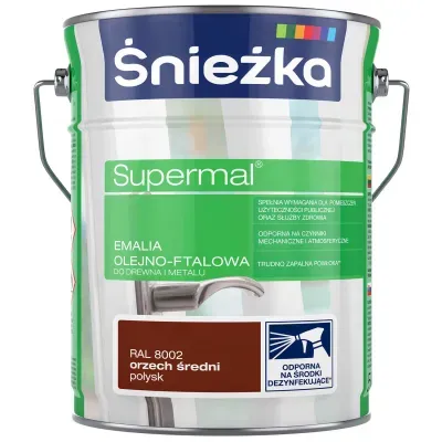 SUPERMAL® Emalia olejno-ftalowa stosowana jest do dekoracyjno-ochronnego malowania drewna, materiałów drewnopochodnych, tynków oraz elementów stalowych i żeliwnych użytkowanych wewnątrz i na zewnątrz pomieszczeń, takich jak: okna, drzwi, meble, ogrodzenia, lamperie itp. Polecana do stosowania w pomieszczeniach mieszkalnych, przeznaczonych na stały pobyt chorych w budynkach służby zdrowia oraz przeznaczonych na stały pobyt dzieci i młodzieży w budynkach oświaty, a także w pomieszczeniach przeznaczonych do przechowywania produktów żywnościowych (bez bezpośredniego kontaktu z żywnością).
- Emalia odporna na środki dezynfekujące*.
- Spełnia wymagania pomieszczeń użyteczności publicznej i służby zdrowia.
- Odporna na czynniki mechaniczne i atmosferyczne.
- Trwałe i żywe kolory.
- Doskonała wydajność i krycie.
- Trudno zapalna powłoka - klasa palności D-s1, d0.

*badania przeprowadzono na wybranych próbkach dezynfektantów