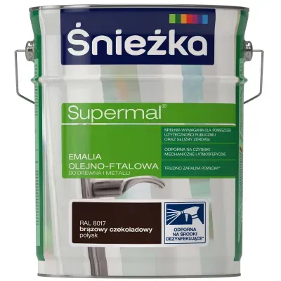 SUPERMAL® Emalia olejno-ftalowa stosowana jest do dekoracyjno-ochronnego malowania drewna, materiałów drewnopochodnych, tynków oraz elementów stalowych i żeliwnych użytkowanych wewnątrz i na zewnątrz pomieszczeń, takich jak: okna, drzwi, meble, ogrodzenia, lamperie itp. Polecana do stosowania w pomieszczeniach mieszkalnych, przeznaczonych na stały pobyt chorych w budynkach służby zdrowia oraz przeznaczonych na stały pobyt dzieci i młodzieży w budynkach oświaty, a także w pomieszczeniach przeznaczonych do przechowywania produktów żywnościowych (bez bezpośredniego kontaktu z żywnością).
- Emalia odporna na środki dezynfekujące*.
- Spełnia wymagania pomieszczeń użyteczności publicznej i służby zdrowia.
- Odporna na czynniki mechaniczne i atmosferyczne.
- Trwałe i żywe kolory.
- Doskonała wydajność i krycie.
- Trudno zapalna powłoka - klasa palności D-s1, d0.

*badania przeprowadzono na wybranych próbkach dezynfektantów