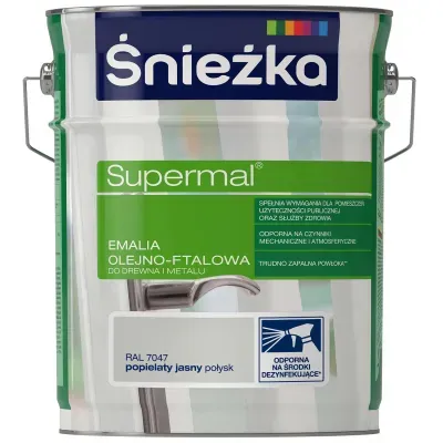 SUPERMAL® Emalia olejno-ftalowa stosowana jest do dekoracyjno-ochronnego malowania drewna, materiałów drewnopochodnych, tynków oraz elementów stalowych i żeliwnych użytkowanych wewnątrz i na zewnątrz pomieszczeń, takich jak: okna, drzwi, meble, ogrodzenia, lamperie itp. Polecana do stosowania w pomieszczeniach mieszkalnych, przeznaczonych na stały pobyt chorych w budynkach służby zdrowia oraz przeznaczonych na stały pobyt dzieci i młodzieży w budynkach oświaty, a także w pomieszczeniach przeznaczonych do przechowywania produktów żywnościowych (bez bezpośredniego kontaktu z żywnością).
- Emalia odporna na środki dezynfekujące*.
- Spełnia wymagania pomieszczeń użyteczności publicznej i służby zdrowia.
- Odporna na czynniki mechaniczne i atmosferyczne.
- Trwałe i żywe kolory.
- Doskonała wydajność i krycie.
- Trudno zapalna powłoka - klasa palności D-s1, d0.

*badania przeprowadzono na wybranych próbkach dezynfektantów