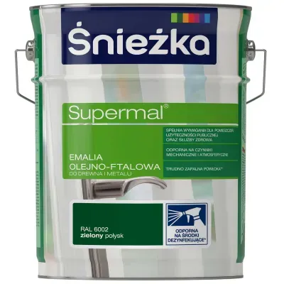 SUPERMAL® Emalia olejno-ftalowa stosowana jest do dekoracyjno-ochronnego malowania drewna, materiałów drewnopochodnych, tynków oraz elementów stalowych i żeliwnych użytkowanych wewnątrz i na zewnątrz pomieszczeń, takich jak: okna, drzwi, meble, ogrodzenia, lamperie itp. Polecana do stosowania w pomieszczeniach mieszkalnych, przeznaczonych na stały pobyt chorych w budynkach służby zdrowia oraz przeznaczonych na stały pobyt dzieci i młodzieży w budynkach oświaty, a także w pomieszczeniach przeznaczonych do przechowywania produktów żywnościowych (bez bezpośredniego kontaktu z żywnością).
- Emalia odporna na środki dezynfekujące*.
- Spełnia wymagania pomieszczeń użyteczności publicznej i służby zdrowia.
- Odporna na czynniki mechaniczne i atmosferyczne.
- Trwałe i żywe kolory.
- Doskonała wydajność i krycie.
- Trudno zapalna powłoka - klasa palności D-s1, d0.

*badania przeprowadzono na wybranych próbkach dezynfektantów