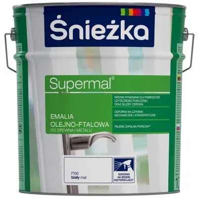 SUPERMAL® Emalia olejno-ftalowa stosowana jest do dekoracyjno-ochronnego malowania drewna, materiałów drewnopochodnych, tynków oraz elementów stalowych i żeliwnych użytkowanych wewnątrz i na zewnątrz pomieszczeń, takich jak: okna, drzwi, meble, ogrodzenia, lamperie itp. Polecana do stosowania w pomieszczeniach mieszkalnych, przeznaczonych na stały pobyt chorych w budynkach służby zdrowia oraz przeznaczonych na stały pobyt dzieci i młodzieży w budynkach oświaty, a także w pomieszczeniach przeznaczonych do przechowywania produktów żywnościowych (bez bezpośredniego kontaktu z żywnością).
- Emalia odporna na środki dezynfekujące*.
- Spełnia wymagania pomieszczeń użyteczności publicznej i służby zdrowia.
- Odporna na czynniki mechaniczne i atmosferyczne.
- Trwałe i żywe kolory.
- Doskonała wydajność i krycie.
- Trudno zapalna powłoka - klasa palności D-s1, d0.

*badania przeprowadzono na wybranych próbkach dezynfektantów