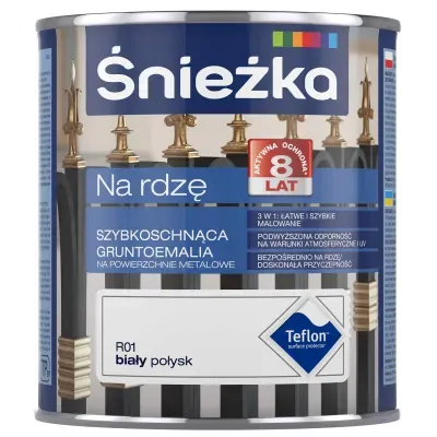 Śnieżka na Rdzę to  szybkoschnąca gruntoemalia zabezpieczająca powierzchnie stalowe i żeliwne przed korozją. Jest doskonała do wykonywania zarówno nowych wymalowań jak i renowacji starych powłok malarskich na: ogrodzeniach, bramach, drzwiach, balustradach, konstrukcjach środków transportu, maszynach rolniczych, maszynach i urządzeniach przemysłowych, detalach samochodowych itp.
- 8 lat aktywnej ochrony*
- 3w1: łatwe i szybkie malowanie (grunt, farba podkładowa i nawierzchniowa w jednym)
- podwyższona odporność na warunki atmosferyczne i UV - stosowanie bezpośrednio na rdzę
- doskonała przyczepność
- zawiera Teflon™ surface protector

Teflon™ jest zarejestrowanym znakiem towarowym Chemours używanym przez FFiL Śnieżka SA na podstawie licencji.

*8 lat aktywnej ochrony – jeżeli w ciągu 8 lat od dnia zakupu farby wystąpi korozja na zabezpieczonej malowanej powierzchni, pokrytej zgodnie z zaleceniami producenta, po okazaniu dowodu zakupu, FFiL Śnieżka S.A. rozpatrzy podstawy żądani