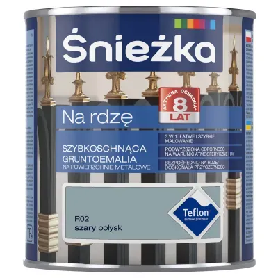 Śnieżka na Rdzę to  szybkoschnąca gruntoemalia zabezpieczająca powierzchnie stalowe i żeliwne przed korozją. Jest doskonała do wykonywania zarówno nowych wymalowań jak i renowacji starych powłok malarskich na: ogrodzeniach, bramach, drzwiach, balustradach, konstrukcjach środków transportu, maszynach rolniczych, maszynach i urządzeniach przemysłowych, detalach samochodowych itp.
- 8 lat aktywnej ochrony*
- 3w1: łatwe i szybkie malowanie (grunt, farba podkładowa i nawierzchniowa w jednym)
- podwyższona odporność na warunki atmosferyczne i UV - stosowanie bezpośrednio na rdzę
- doskonała przyczepność
- zawiera Teflon™ surface protector

Teflon™ jest zarejestrowanym znakiem towarowym Chemours używanym przez FFiL Śnieżka SA na podstawie licencji.

*8 lat aktywnej ochrony – jeżeli w ciągu 8 lat od dnia zakupu farby wystąpi korozja na zabezpieczonej malowanej powierzchni, pokrytej zgodnie z zaleceniami producenta, po okazaniu dowodu zakupu, FFiL Śnieżka S.A. rozpatrzy podstawy żądani