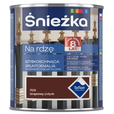 Śnieżka na Rdzę to  szybkoschnąca gruntoemalia zabezpieczająca powierzchnie stalowe i żeliwne przed korozją. Jest doskonała do wykonywania zarówno nowych wymalowań jak i renowacji starych powłok malarskich na: ogrodzeniach, bramach, drzwiach, balustradach, konstrukcjach środków transportu, maszynach rolniczych, maszynach i urządzeniach przemysłowych, detalach samochodowych itp.
- 8 lat aktywnej ochrony*
- 3w1: łatwe i szybkie malowanie (grunt, farba podkładowa i nawierzchniowa w jednym)
- podwyższona odporność na warunki atmosferyczne i UV - stosowanie bezpośrednio na rdzę
- doskonała przyczepność
- zawiera Teflon™ surface protector

Teflon™ jest zarejestrowanym znakiem towarowym Chemours używanym przez FFiL Śnieżka SA na podstawie licencji.

*8 lat aktywnej ochrony – jeżeli w ciągu 8 lat od dnia zakupu farby wystąpi korozja na zabezpieczonej malowanej powierzchni, pokrytej zgodnie z zaleceniami producenta, po okazaniu dowodu zakupu, FFiL Śnieżka S.A. rozpatrzy podstawy żądani