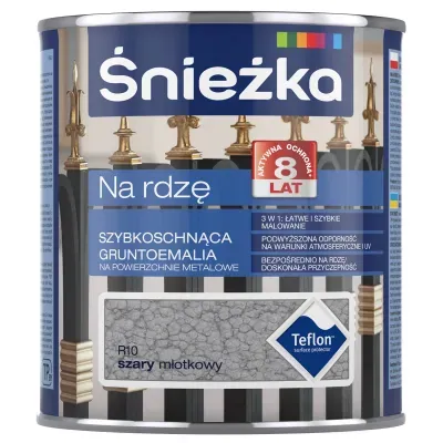 Śnieżka na Rdzę to  szybkoschnąca gruntoemalia zabezpieczająca powierzchnie stalowe i żeliwne przed korozją. Jest doskonała do wykonywania zarówno nowych wymalowań jak i renowacji starych powłok malarskich na: ogrodzeniach, bramach, drzwiach, balustradach, konstrukcjach środków transportu, maszynach rolniczych, maszynach i urządzeniach przemysłowych, detalach samochodowych itp.
- 8 lat aktywnej ochrony*
- 3w1: łatwe i szybkie malowanie (grunt, farba podkładowa i nawierzchniowa w jednym)
- podwyższona odporność na warunki atmosferyczne i UV - stosowanie bezpośrednio na rdzę
- doskonała przyczepność
- zawiera Teflon™ surface protector

Teflon™ jest zarejestrowanym znakiem towarowym Chemours używanym przez FFiL Śnieżka SA na podstawie licencji.

*8 lat aktywnej ochrony – jeżeli w ciągu 8 lat od dnia zakupu farby wystąpi korozja na zabezpieczonej malowanej powierzchni, pokrytej zgodnie z zaleceniami producenta, po okazaniu dowodu zakupu, FFiL Śnieżka S.A. rozpatrzy podstawy żądani