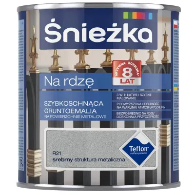 Śnieżka na Rdzę to  szybkoschnąca gruntoemalia zabezpieczająca powierzchnie stalowe i żeliwne przed korozją. Jest doskonała do wykonywania zarówno nowych wymalowań jak i renowacji starych powłok malarskich na: ogrodzeniach, bramach, drzwiach, balustradach, konstrukcjach środków transportu, maszynach rolniczych, maszynach i urządzeniach przemysłowych, detalach samochodowych itp.
- 8 lat aktywnej ochrony*
- 3w1: łatwe i szybkie malowanie (grunt, farba podkładowa i nawierzchniowa w jednym)
- podwyższona odporność na warunki atmosferyczne i UV - stosowanie bezpośrednio na rdzę
- doskonała przyczepność
- zawiera Teflon™ surface protector

Teflon™ jest zarejestrowanym znakiem towarowym Chemours używanym przez FFiL Śnieżka SA na podstawie licencji.

*8 lat aktywnej ochrony – jeżeli w ciągu 8 lat od dnia zakupu farby wystąpi korozja na zabezpieczonej malowanej powierzchni, pokrytej zgodnie z zaleceniami producenta, po okazaniu dowodu zakupu, FFiL Śnieżka S.A. rozpatrzy podstawy żądani