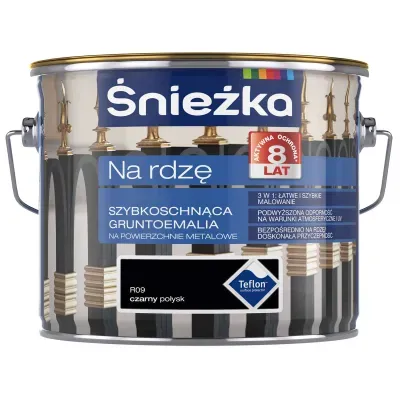 Śnieżka na Rdzę to  szybkoschnąca gruntoemalia zabezpieczająca powierzchnie stalowe i żeliwne przed korozją. Jest doskonała do wykonywania zarówno nowych wymalowań jak i renowacji starych powłok malarskich na: ogrodzeniach, bramach, drzwiach, balustradach, konstrukcjach środków transportu, maszynach rolniczych, maszynach i urządzeniach przemysłowych, detalach samochodowych itp.
- 8 lat aktywnej ochrony*
- 3w1: łatwe i szybkie malowanie (grunt, farba podkładowa i nawierzchniowa w jednym)
- podwyższona odporność na warunki atmosferyczne i UV - stosowanie bezpośrednio na rdzę
- doskonała przyczepność
- zawiera Teflon™ surface protector

Teflon™ jest zarejestrowanym znakiem towarowym Chemours używanym przez FFiL Śnieżka SA na podstawie licencji.

*8 lat aktywnej ochrony – jeżeli w ciągu 8 lat od dnia zakupu farby wystąpi korozja na zabezpieczonej malowanej powierzchni, pokrytej zgodnie z zaleceniami producenta, po okazaniu dowodu zakupu, FFiL Śnieżka S.A. rozpatrzy podstawy żądani