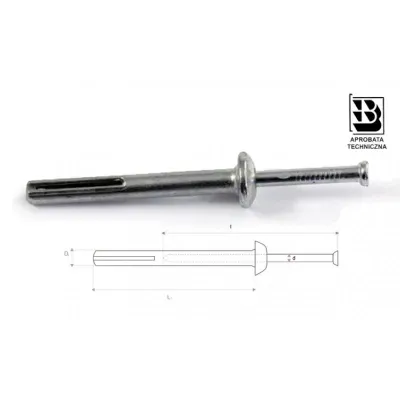 Kołek rozporowy metalowy do wbijania:
- koszulka z polietylenu
- gwóźdź stalowy ocynkowany galwanicznie
- do materiałów budowlanych pełnych takich jak: beton zwykły C20/25, cegła pełna ceramiczna kl.15, cegła pełna silikatowa kl. 15