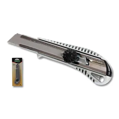 Nóż z ostrzem łamanym:
- obudowa aluminiowa 
- stalowa prowadnica zwiększająca bezpieczeństwo pracy i trwałość narzędzia
- blokada ostrza