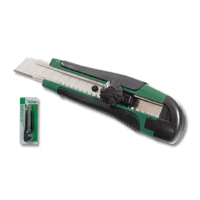 Nóż z ostrzem łamanym:
- ergonomiczny uchwyt zapewniający komfort pracy
- bezpieczna blokada ostrza umożliwiająca precyzyjne cięcie