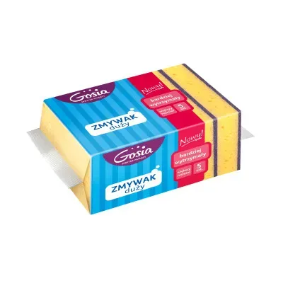 - Wytrzymałe
- Specjalna struktura
- 5 szt.

Zmywaki są duże, dzięki czemu ułatwiają czyszczenie dużych naczyń czy garnków. Gąbka ma nabąbelkowaną strukturę przez co lepiej się pieni i wypłukuje.