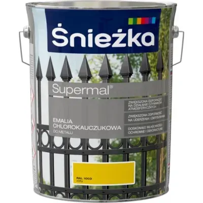 SUPERMAL® Emalia chlorokauczukowa zalecana jest do dekoracyjno-ochronnego malowania elementów stalowych i żeliwnych eksploatowanych na zewnątrz pomieszczeń, szczególnie narażonych na działanie czynników atmosferycznych takich jak: konstrukcje budowlane,  ogrodzenia,  balustrady, urządzenia mechaniczne  itp. Może być stosowana także do dekoracyjnego malowania podłoży betonowych i tynków cementowo-wapiennych nie narażonych na ścieranie.
- Zwiększona odporność na działanie czynników atmosferycznych.
- Zwiększona odporność na uderzenia i zarysowania.
- Doskonałe właściwości ochronne i dekoracyjne.