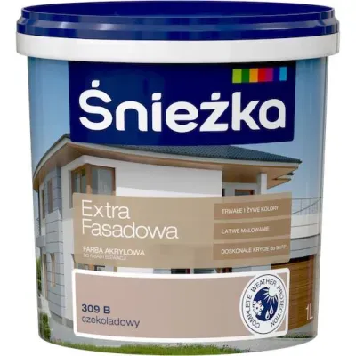 Farba akrylowa do fasad i wnętrz Śnieżka Extra Fasadowa daje matowe, trwałe, odporne na warunki atmosferyczne i w pełni pozwalające "oddychać ścianom" powłoki. Przeznaczona jest do ochronnego i dekoracyjnego malowania elewacji budynków i ścian wewnątrz pomieszczeń. Doskonale przyczepna do podłoży cementowych, cementowo-wapiennych, gipsowych, gipsowo-kartonowych, drewnianych i drewnopochodnych.

- fasady i wnętrza
- odporna na ścieranie
- trwałe i żywe kolory
- odporna na warunki atmosferyczne
- zapewnia "oddychanie ścian"