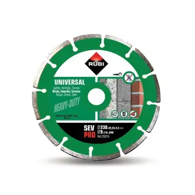 Tarcza diamentowa RUBI serii SEV jest tarczą zalecaną do cięcia na sucho ogólnych materiałów budowlanych, takich jak cegły, beton, płyty terrazzo, itp.

SEV jak tarcza segmentowa zapewnia użytkownikom największą szybkość cięcia.

Specjalnie zaprojektowane i wykonane z najlepszych surowców segmenty tarczy zapewniają maksymalną szybkość cięcia oraz lepsze chłodzenie.