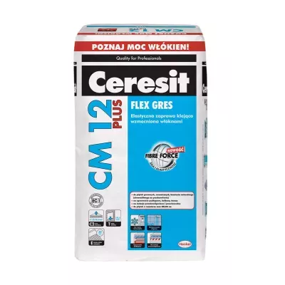 Zaprawa Ceresit CM 12 PLUS służy do mocowania płytek gresowych, innych typów płytek ceramicznych, cementowych oraz z kamienia naturalnego (niewrażliwego na przebarwienia.), wewnątrz i na zewnątrz budynków jak również na podłożach odkształcalnych. Zaprawa CM 12 PLUS może być stosowana w pomieszczeniach narażonych na działanie wody oraz na ogrzewania podłogowe. Polecana na podłogi o zwiększonym obciążeniu eksploatacyjnym: galerie handlowe, klatki schodowe.