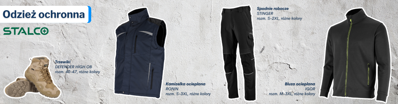 Zimowa odzież robocza marki Stalco - kurtka, kamizelka, spodnie i buty