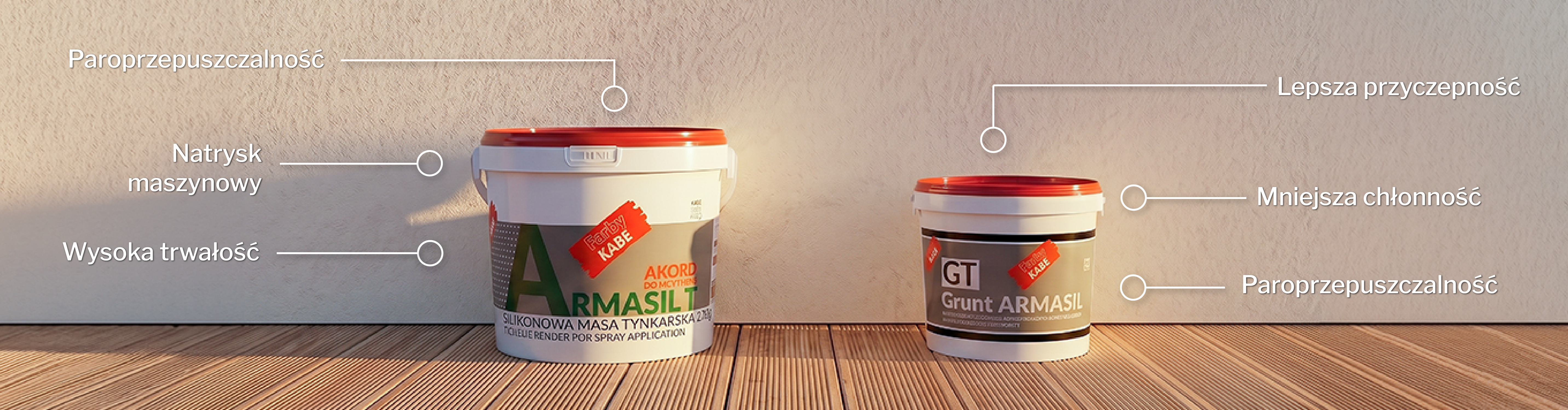 Produkty marki Farby Kabe przeznaczone do wykonywania elewacji - grunt Armasil GT oraz tynk silikonowy Armasil T Akord