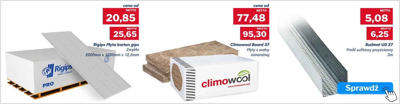Produkty do wykonywania suchej zabudowy z markami Rigips, Isover, Climowool i Budmat