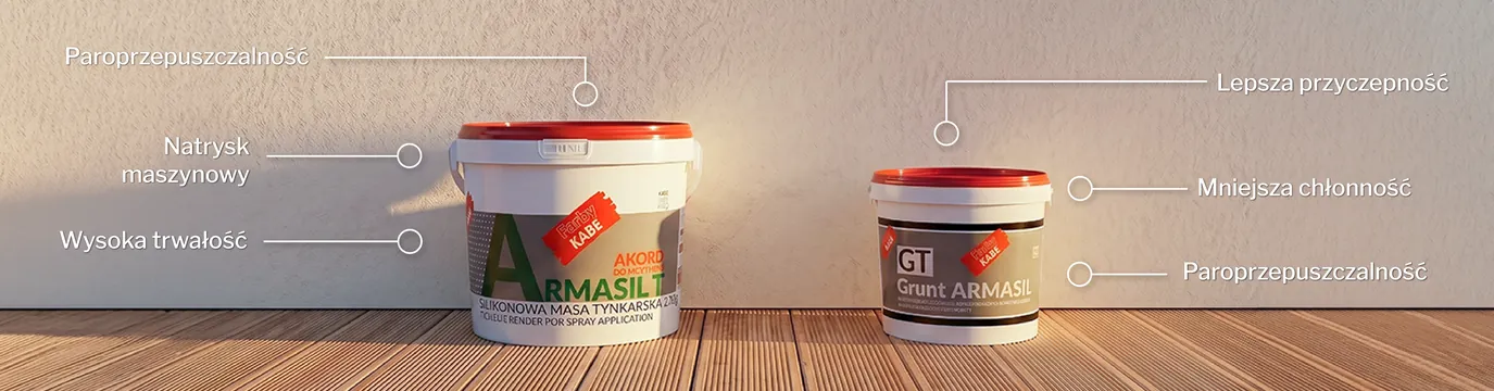 Produkty marki Farby Kabe przeznaczone do wykonywania elewacji - grunt Armasil GT oraz tynk silikonowy Armasil T Akord