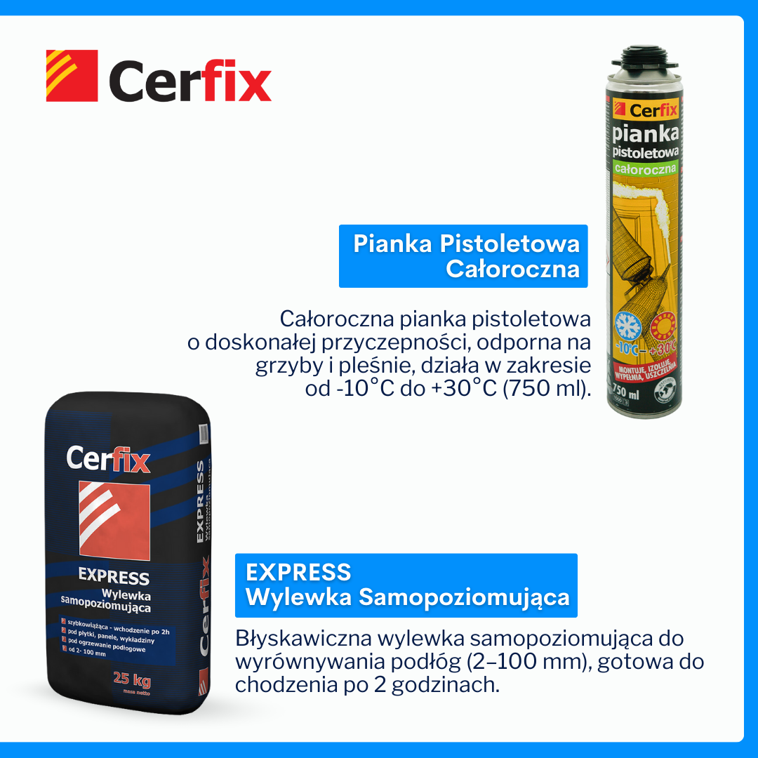 Produkty marki Cerfix - pianka i wylewka betonowa