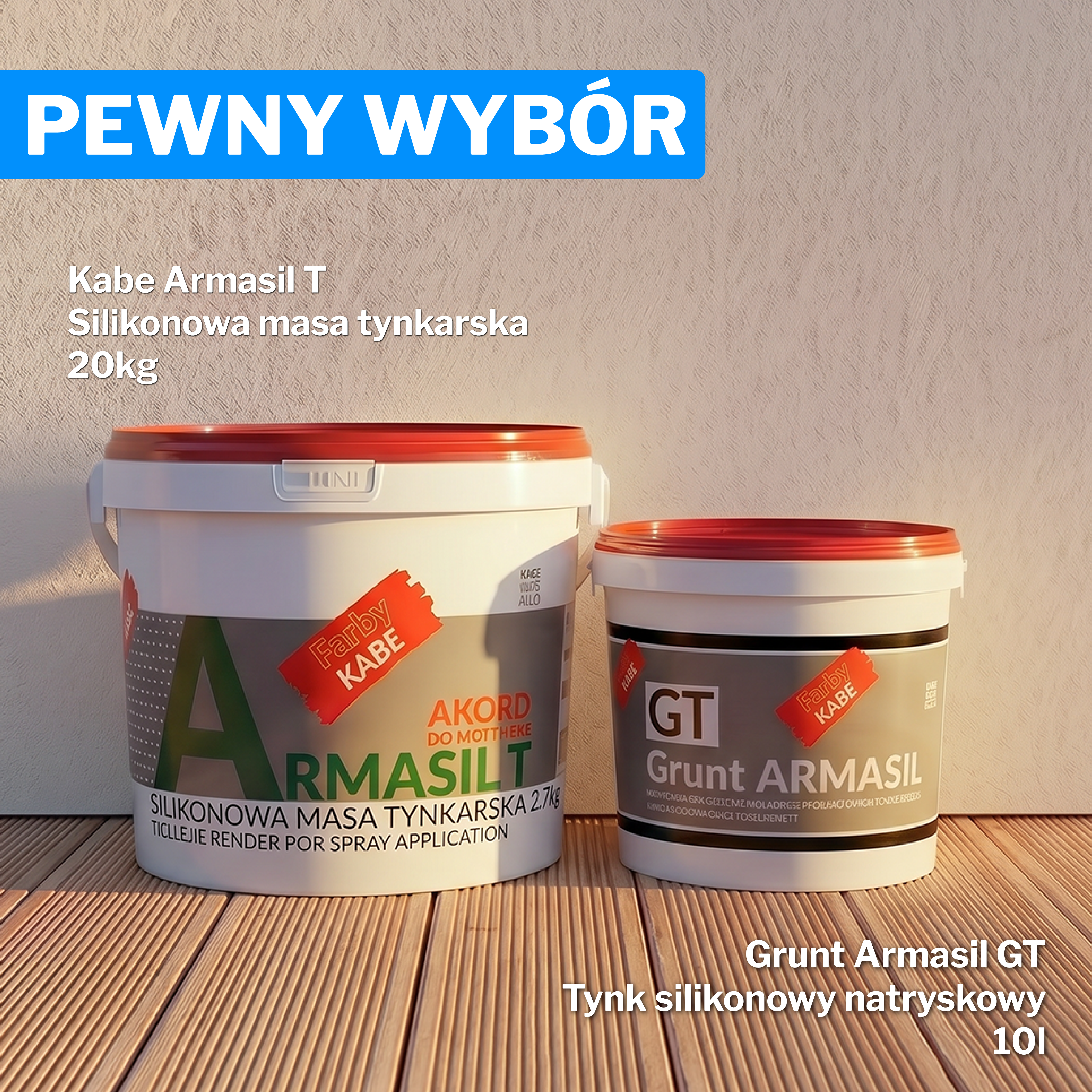 Produkty marki Farby Kabe przeznaczone do wykonywania elewacji - grunt Armasil GT oraz tynk silikonowy Armasil T Akord