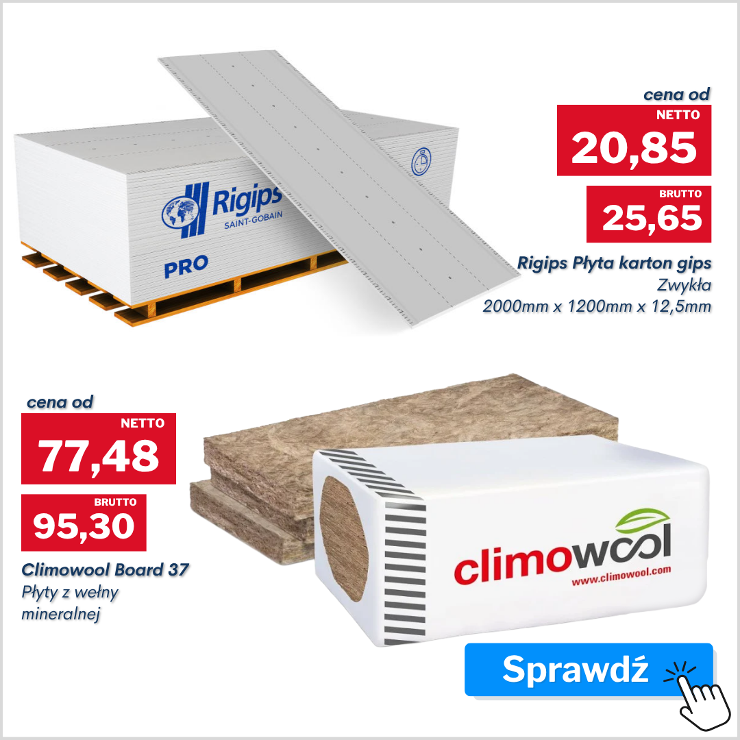 Produkty do wykonywania suchej zabudowy z markami Rigips, Isover, Climowool i Budmat