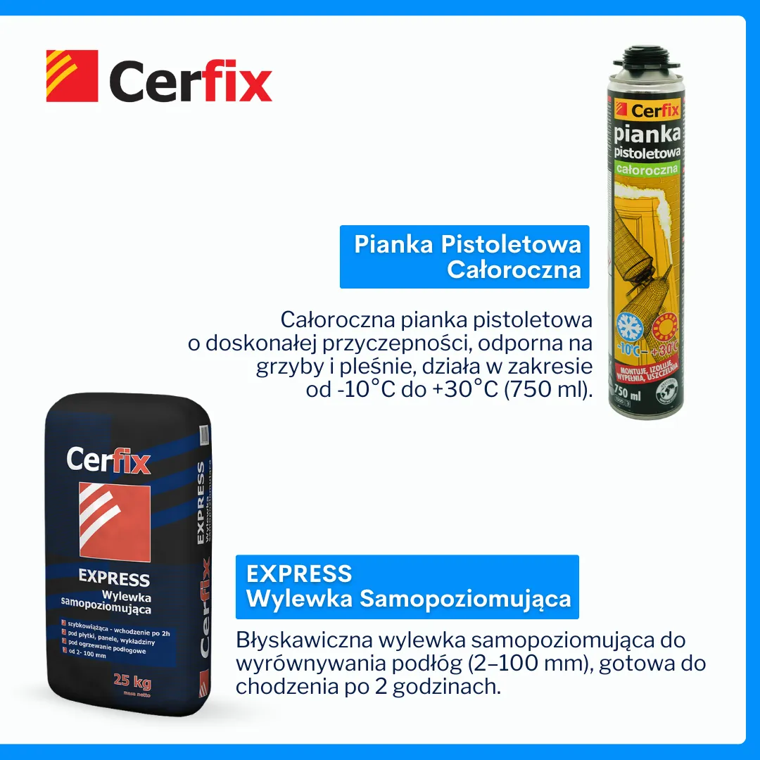 Produkty marki Cerfix - pianka i wylewka betonowa