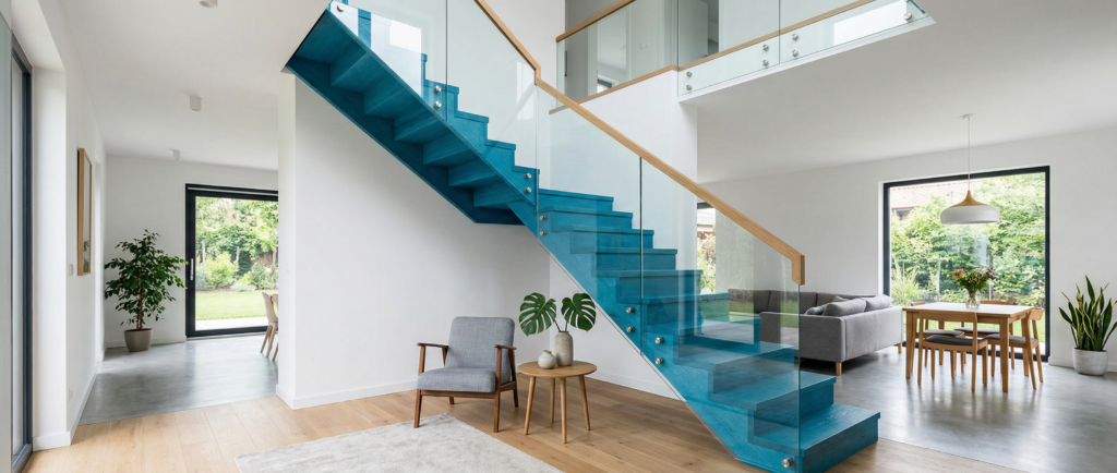 Nowoczesne niebieskie szklane schody z drewnianą poręczą i balustradą ze szkła w jasnym otwartym salonie