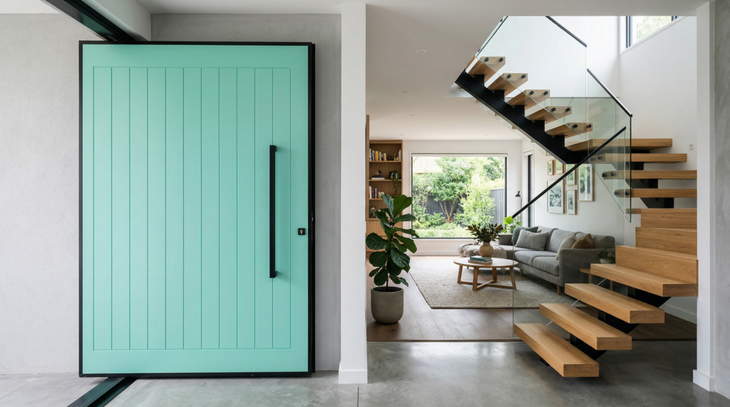 Miętowe drzwi wejściowe typu pivot w nowoczesnym wnętrzu z drewnianymi schodami na metalowej konstrukcji