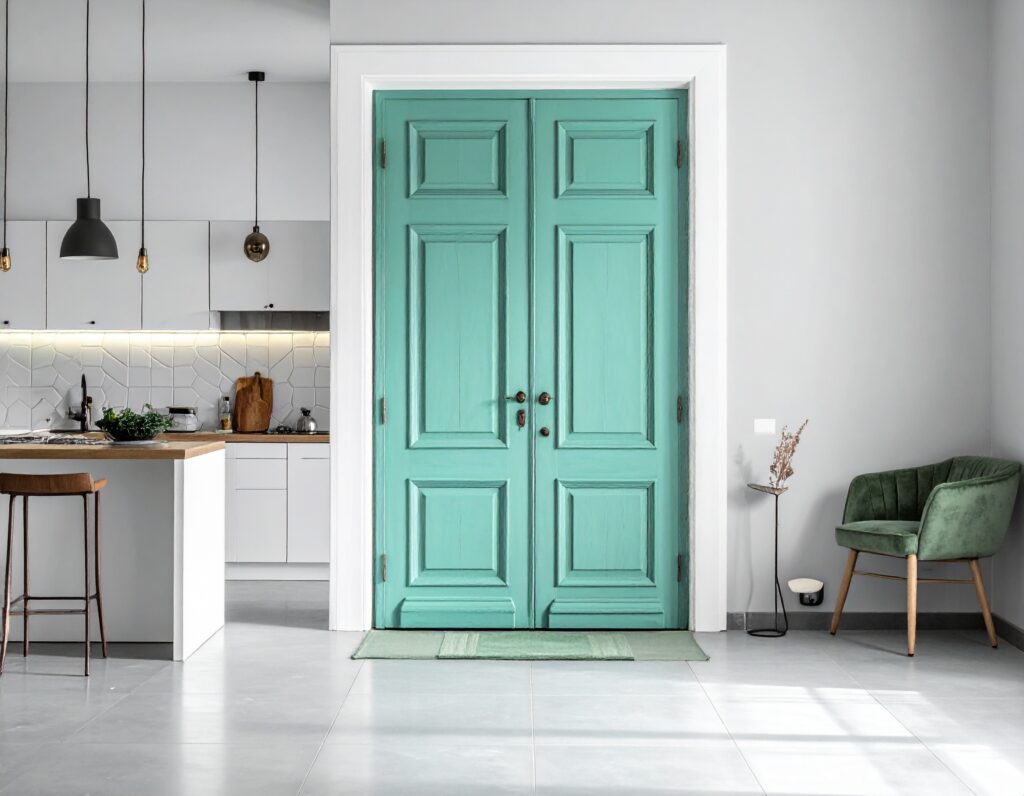 Turkusowe drewniane drzwi dwuskrzydłowe w stylu retro między jasną kuchnią a salonem
