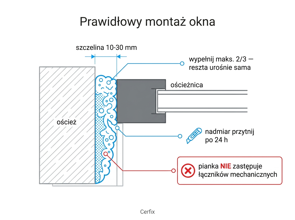 infografika na temat prawidłowego montazu okna na pianke