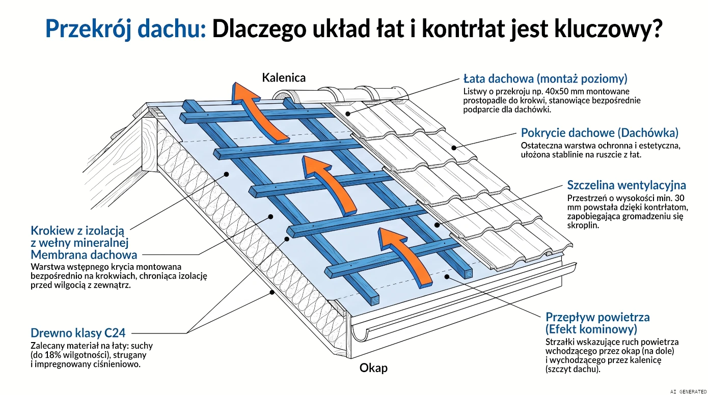Przekrój dachu ze szczeliną wentylacyjną między membraną a pokryciem