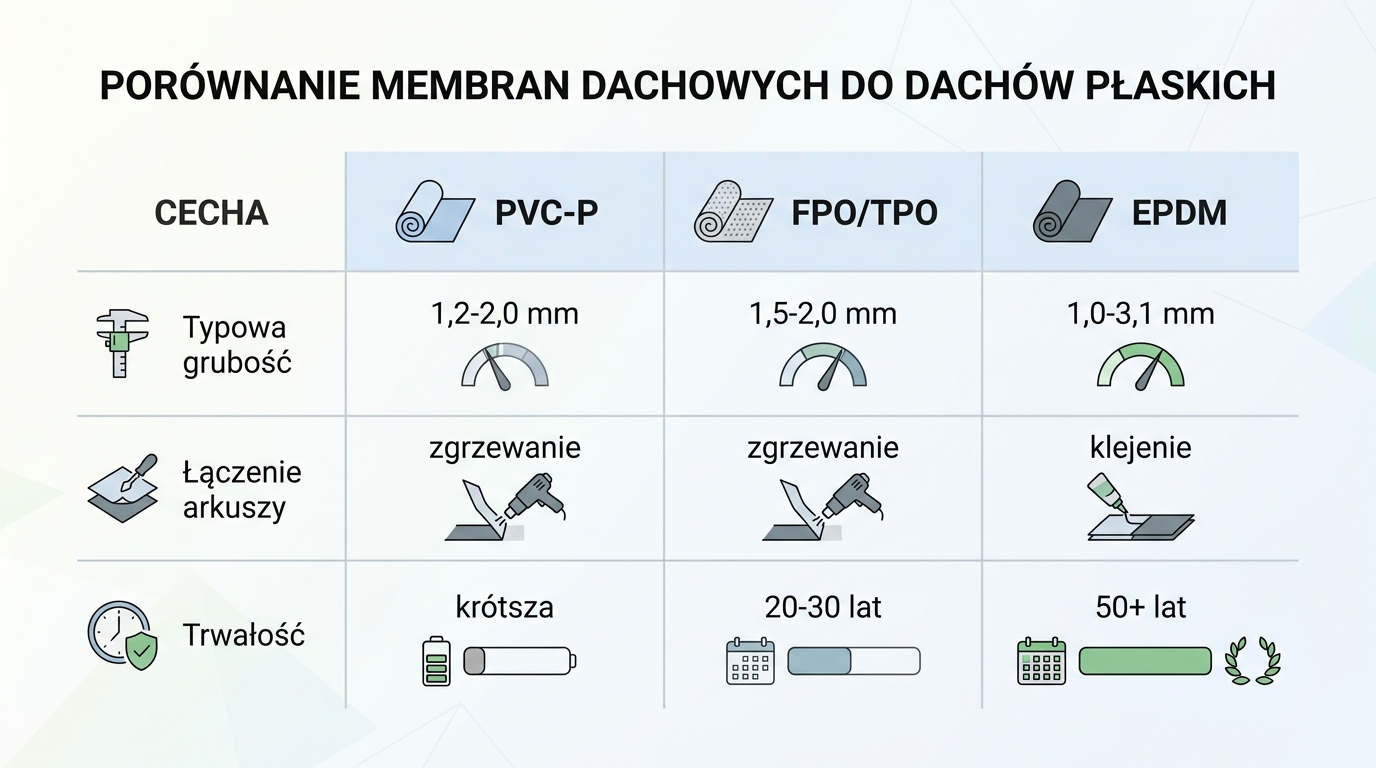 Por&oacute;wnanie membran dachowych PVC-P, FPO/TPO i EPDM &mdash; grubość, spos&oacute;b łączenia i trwałość