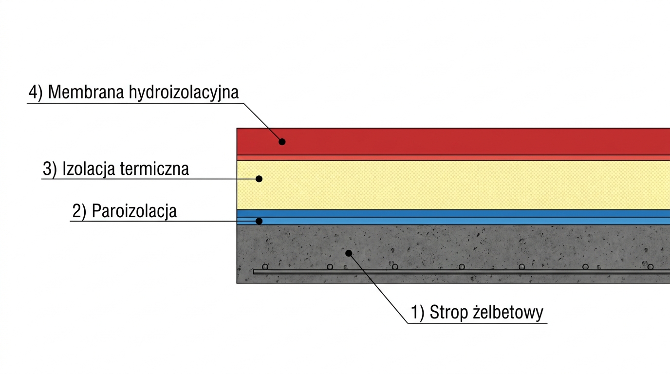 Przekr&oacute;j warstw dachu płaskiego: strop żelbetowy, paroizolacja, izolacja termiczna, membrana hydroizolacyjna