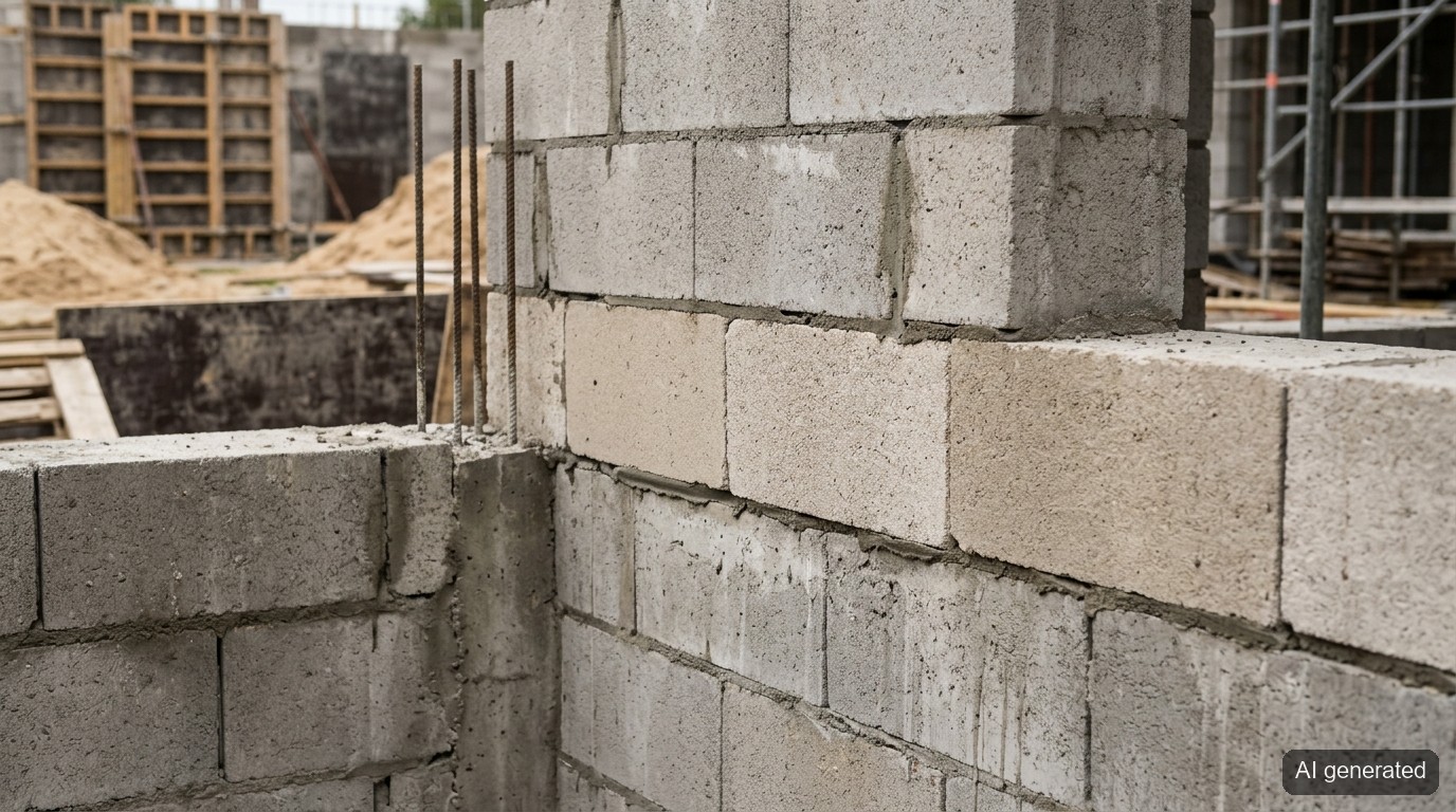 Mur z bloczków na styku ściany piwnicy i parteru z wbudowaną warstwą przekładki termicznej