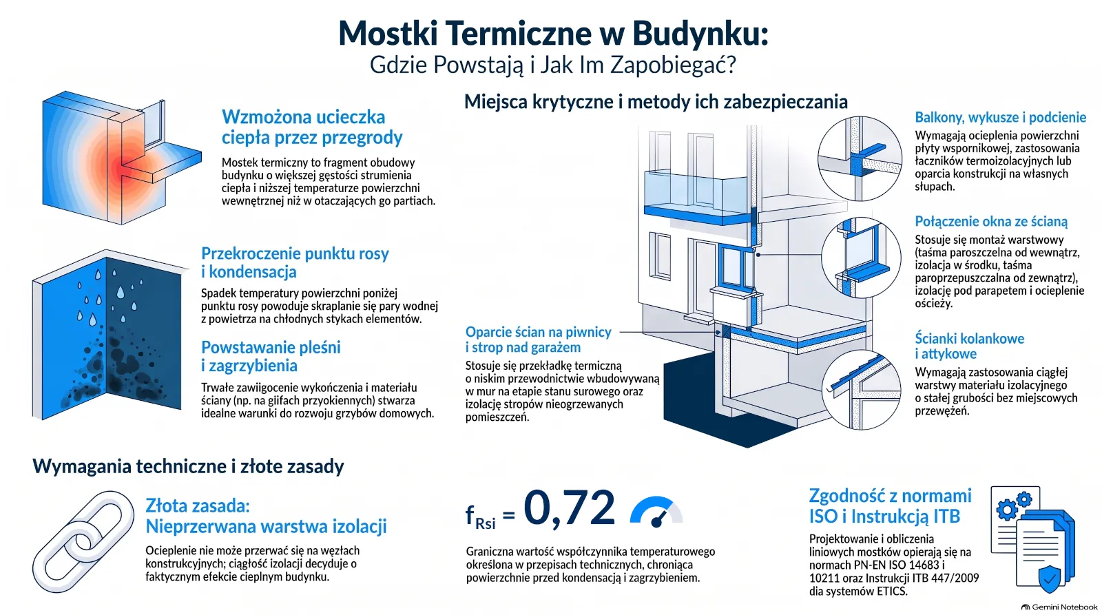 Infografika: mostki termiczne w budynku – skutki, miejsca krytyczne (balkony, połączenie okna ze ścianą, oparcie ścian na piwnicy, ścianki kolankowe i attykowe) oraz zasady zapobiegania