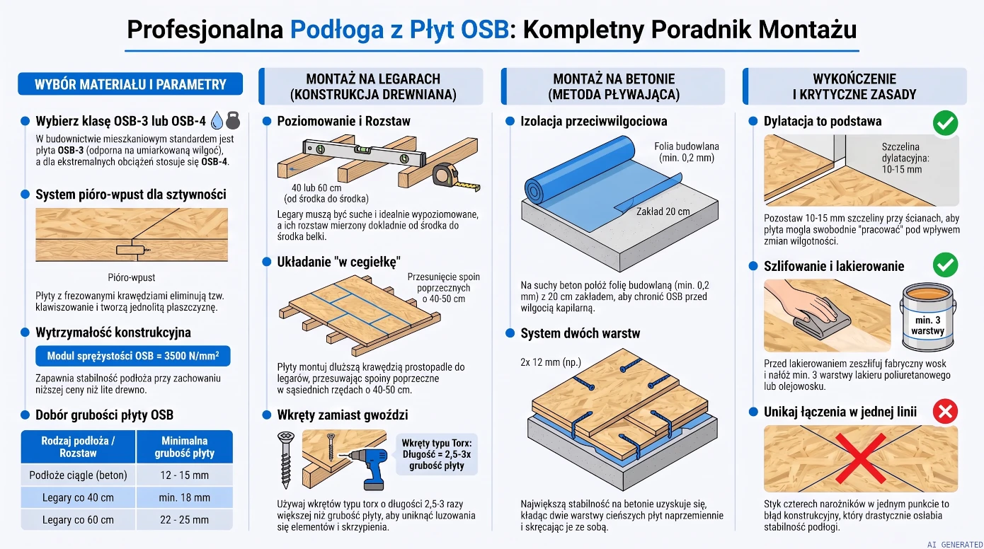 Schemat błędów przy podłodze z OSB: brak dylatacji przy ścianie i łączenia płyt w jednej linii