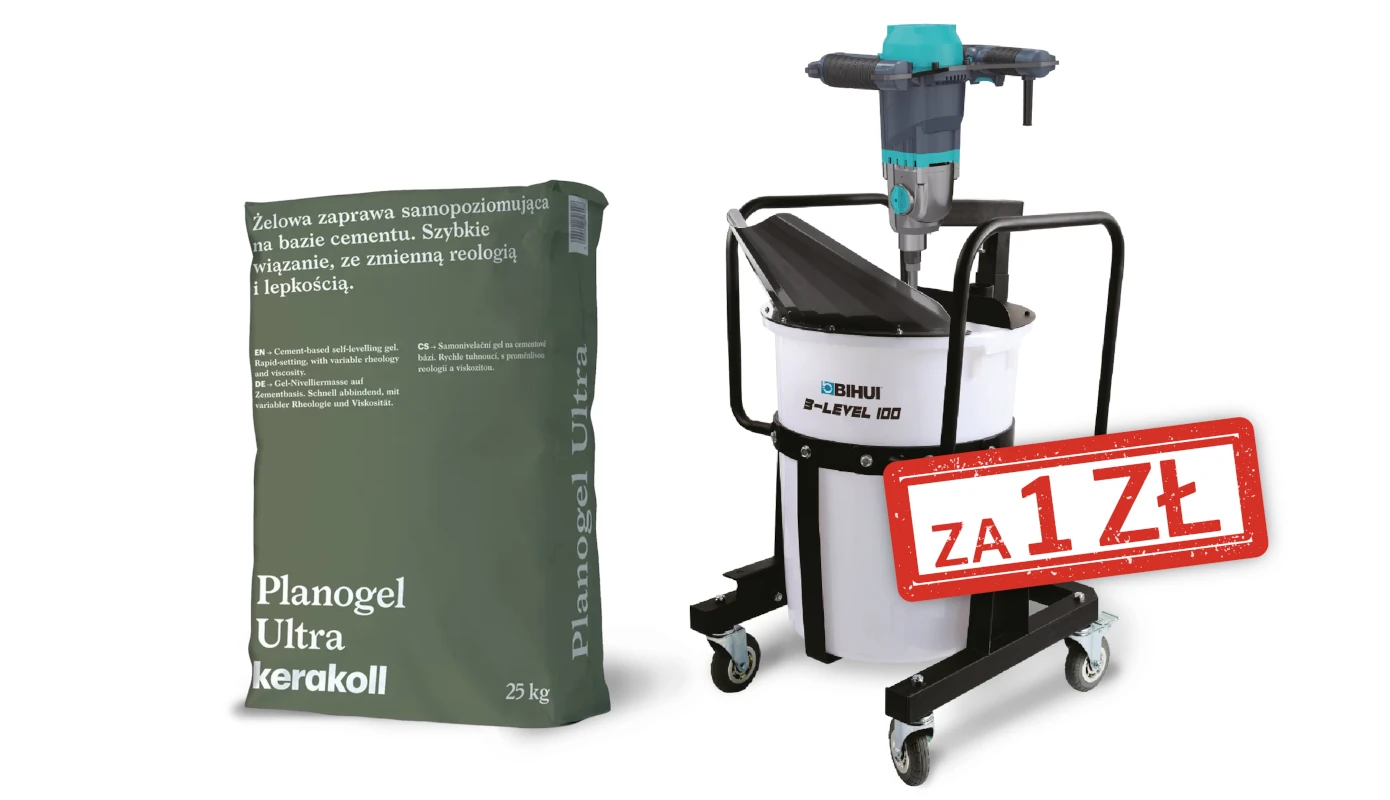 baner promocyjny na którym znajduje sie weorek kerakol planogek i stacja mieszalnicza oraz naklejka za 1 zł