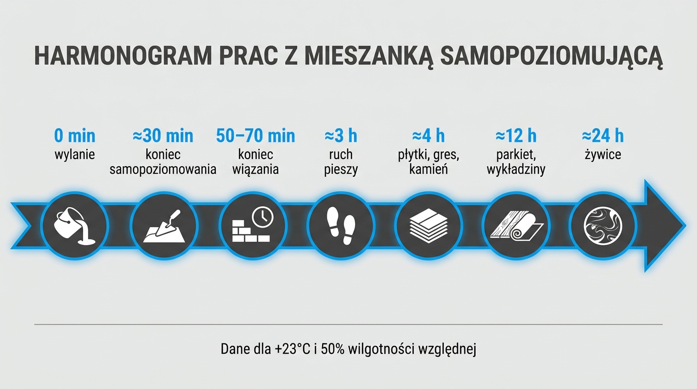 Oś czasu schnięcia wylewki samopoziomującej Planogel Ultra &mdash; od wylania, przez ruch pieszy po 3 h i płytki po 4 h, do żywic po 24 h